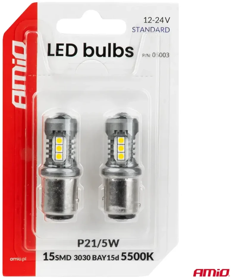 LED lemputės standard bay15d p21/5w 3030 15smd balta 12v 24v amio-05003