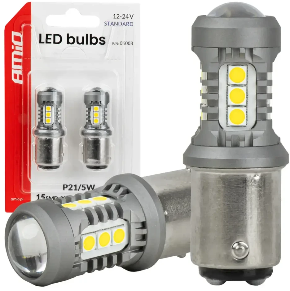LED lemputės standard bay15d p21/5w 3030 15smd balta 12v 24v amio-05003