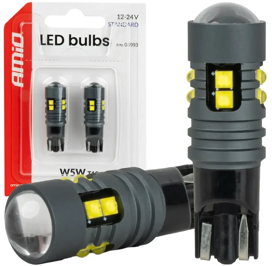 LED lemputės standard W5W T10 2525 10SMD balta 12V 24V amio-04993