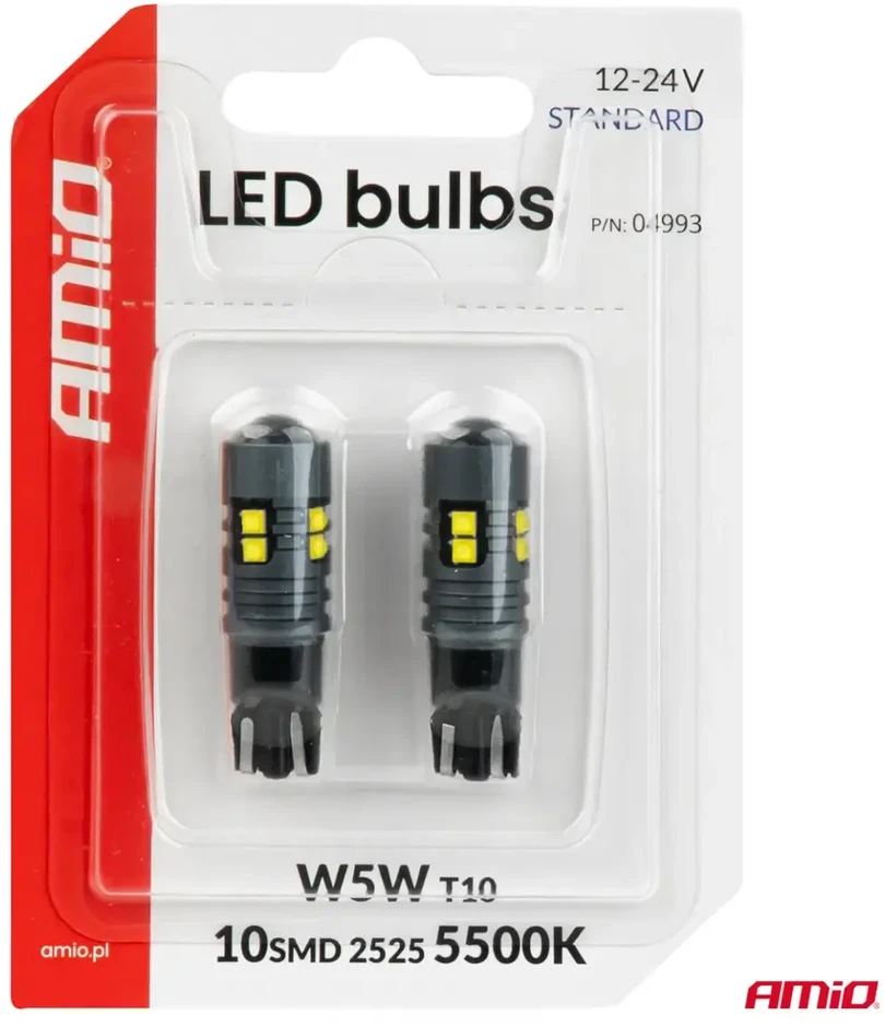 LED lemputės standard W5W T10 2525 10SMD balta 12V 24V amio-04993
