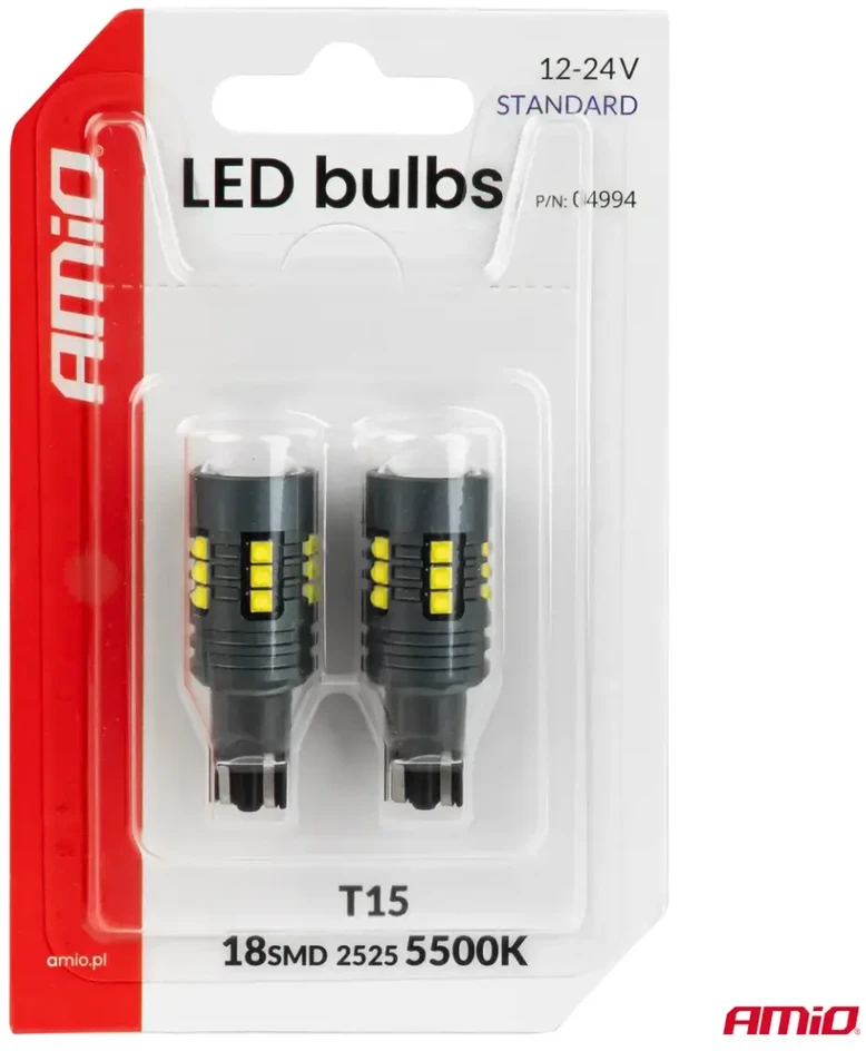 LED lemputės standard W16W T15 2525 18SMD balta 12V 24V amio-04994