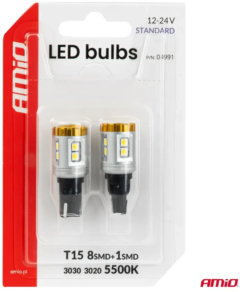 Żarówki led standard w16w t15 3030 8smd + 3020 1smd balta 12v 24v amio-04991