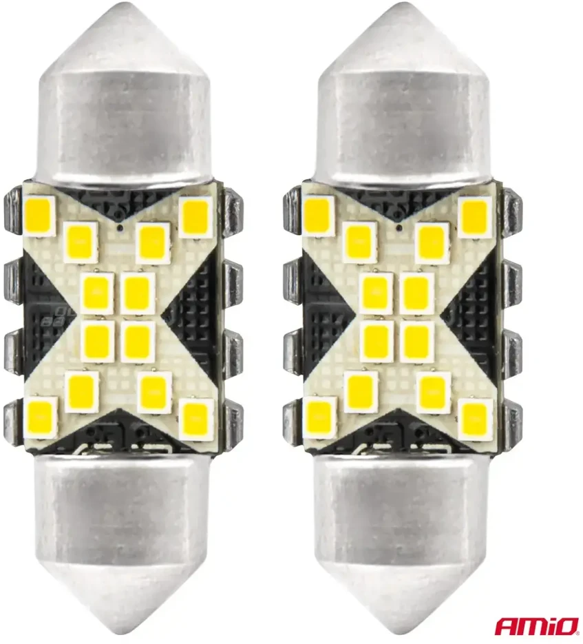 LED lemputės, Canbus, festoon, C5W, 12SMD, 2016, 31mm, baltos, 12V, 24V, amio-04235