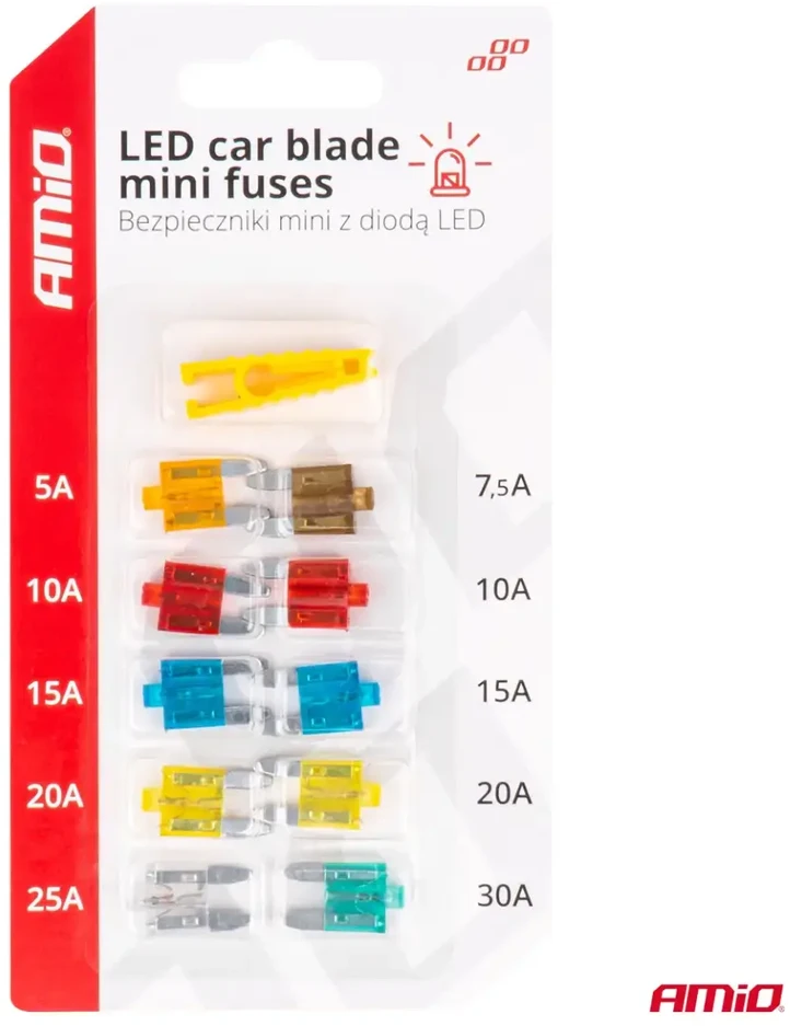 Mini automobilių saugikliai su LED diodais, 10 vnt. amio-04340