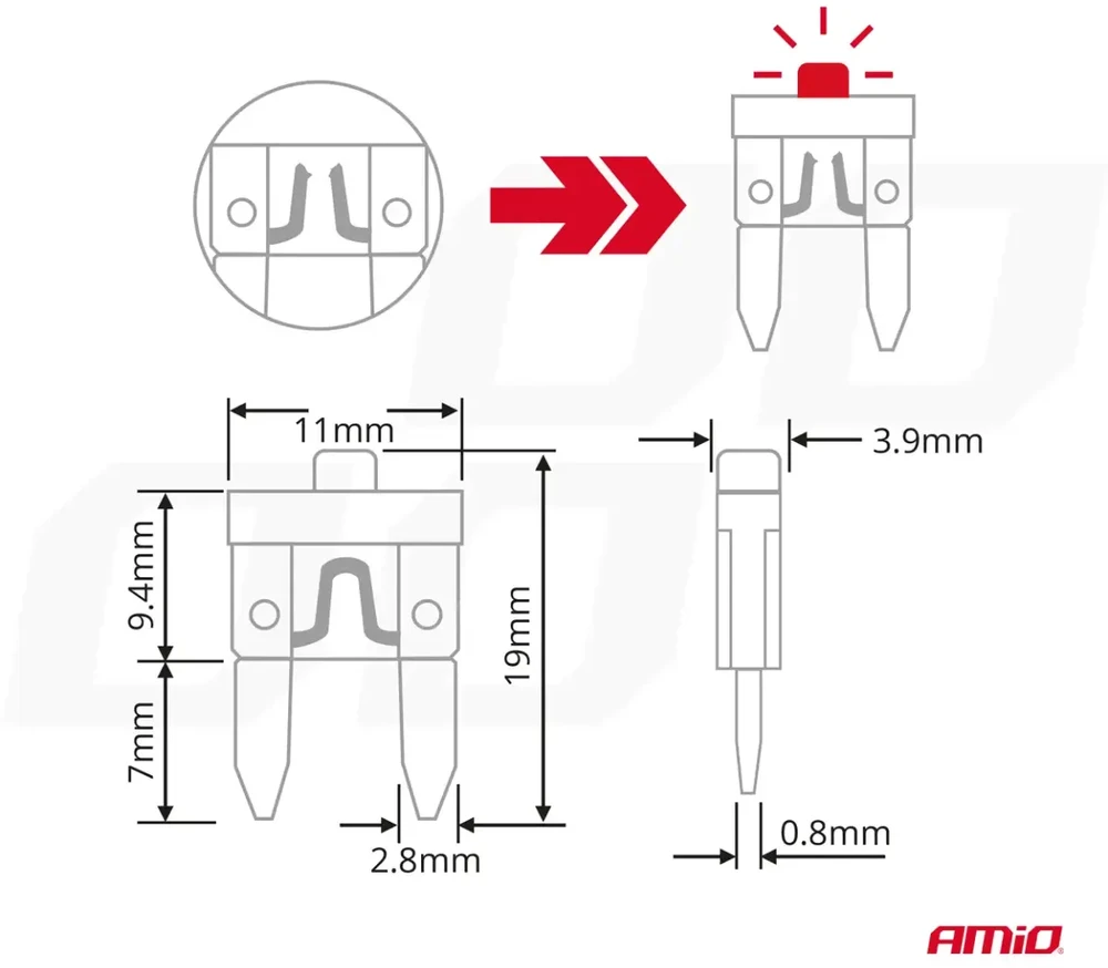 Mini automobilių saugikliai su LED diodais, 10 vnt. amio-04340