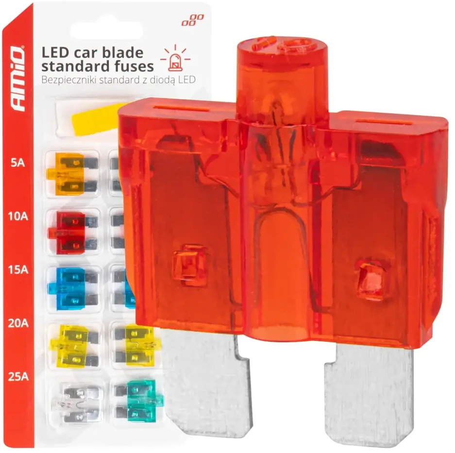 Standartiniai automobilio saugikliai su LED diodu, 10 vnt. amio-04341