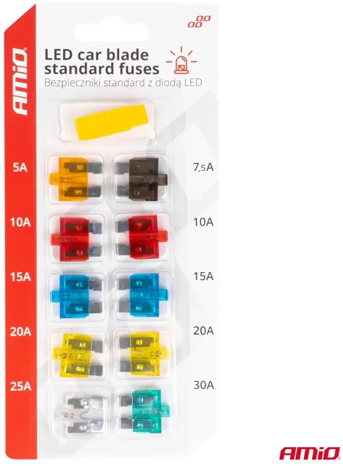 Standartiniai automobilio saugikliai su LED diodu, 10 vnt. amio-04341