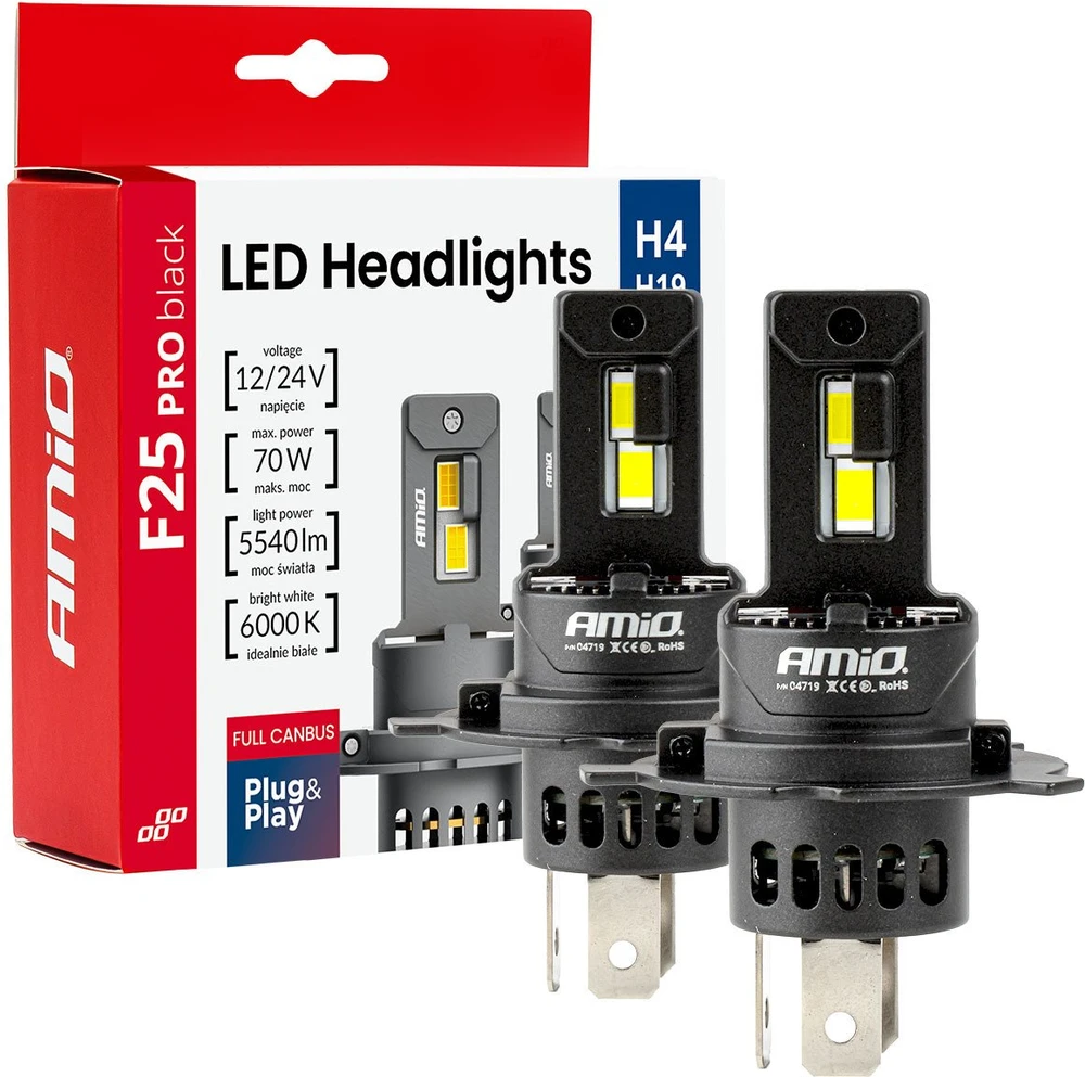 LED H4 H19 F25 PRO lemputės su pakuote