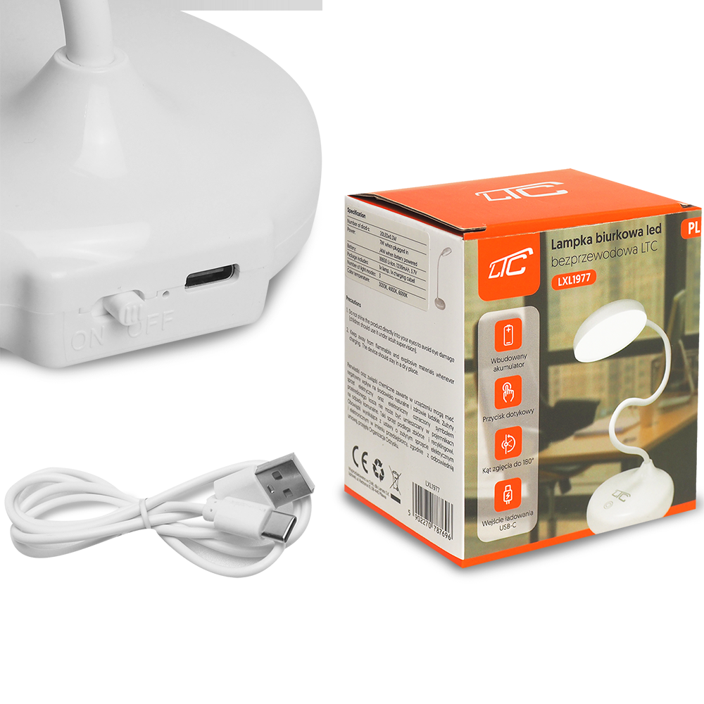 Lamex LED stalinė lempa 10W, 300045006000K, indukcinis įkrovimas, jutiklinis valdymas, reguliatorius, balta, LTC