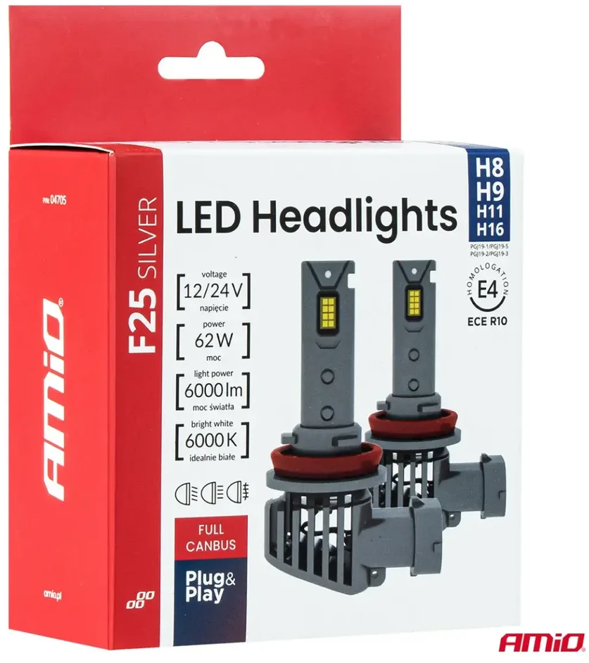 LED žibintų lemputės F25 Sidabrinis FULL CANBUS H8/H9/H11/H16 62W 12V 24V AMIO-04705