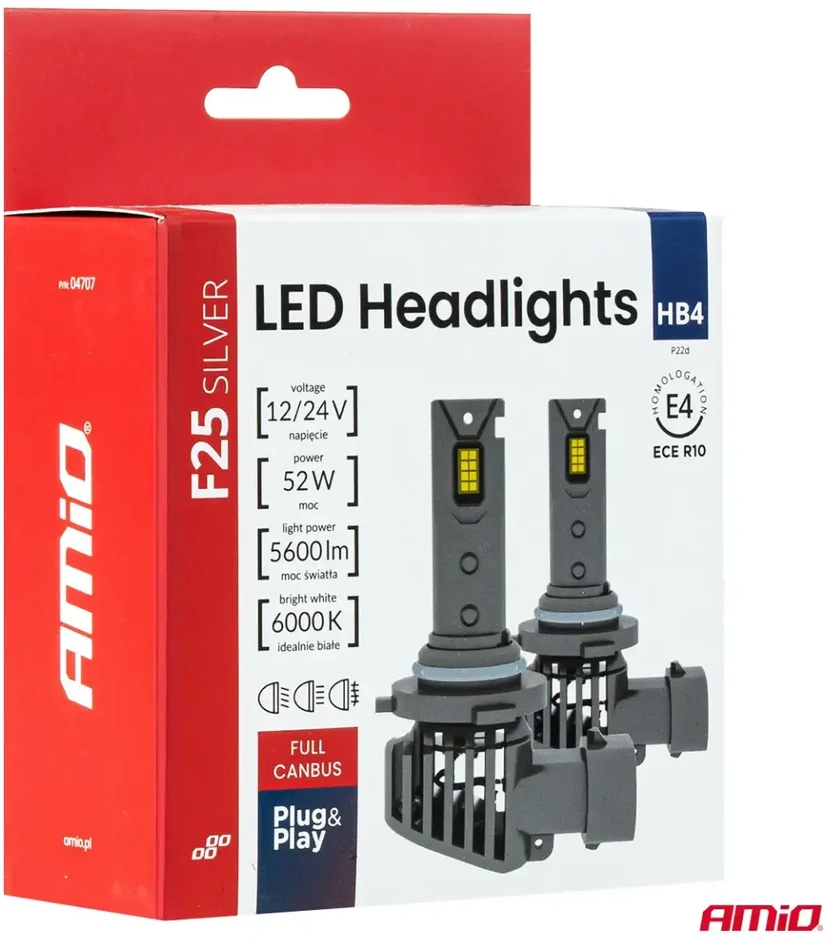 LED žibintų lemputės F25 Sidabrinis FULL CANBUS HB4 9006 52W 12V 24V AMIO-04707