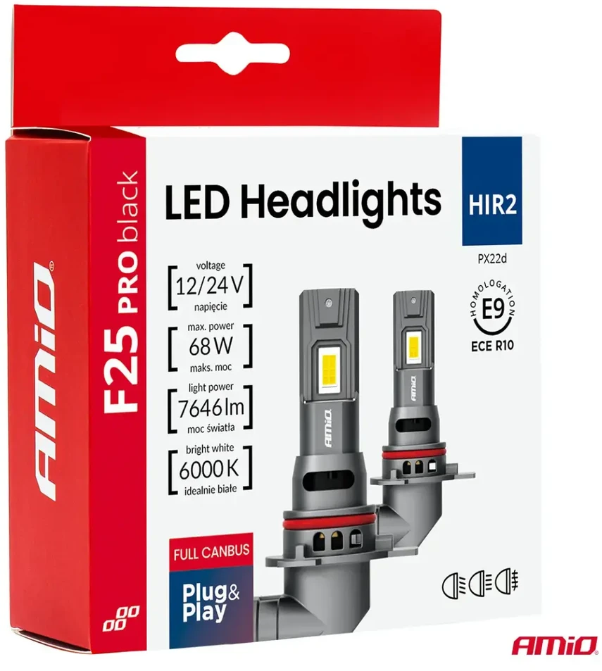 LED žibintų lemputės Series F25 PRO Juodas FULL CANBUS HIR2 68W 12V 24V, AMIO-04724