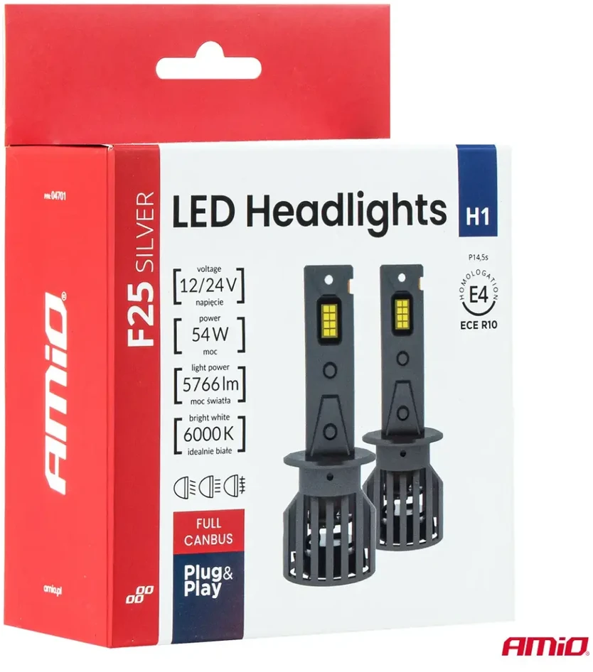 LED žibintų lemputės F25 Sidabrinis FULL CANBUS H1 54W 12V 24V AMIO-04701