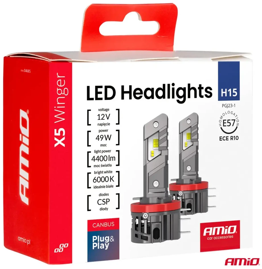 LED žibintų lemputės X5-series WINGER H15 49W 6000K CANBUS, AMIO-04685