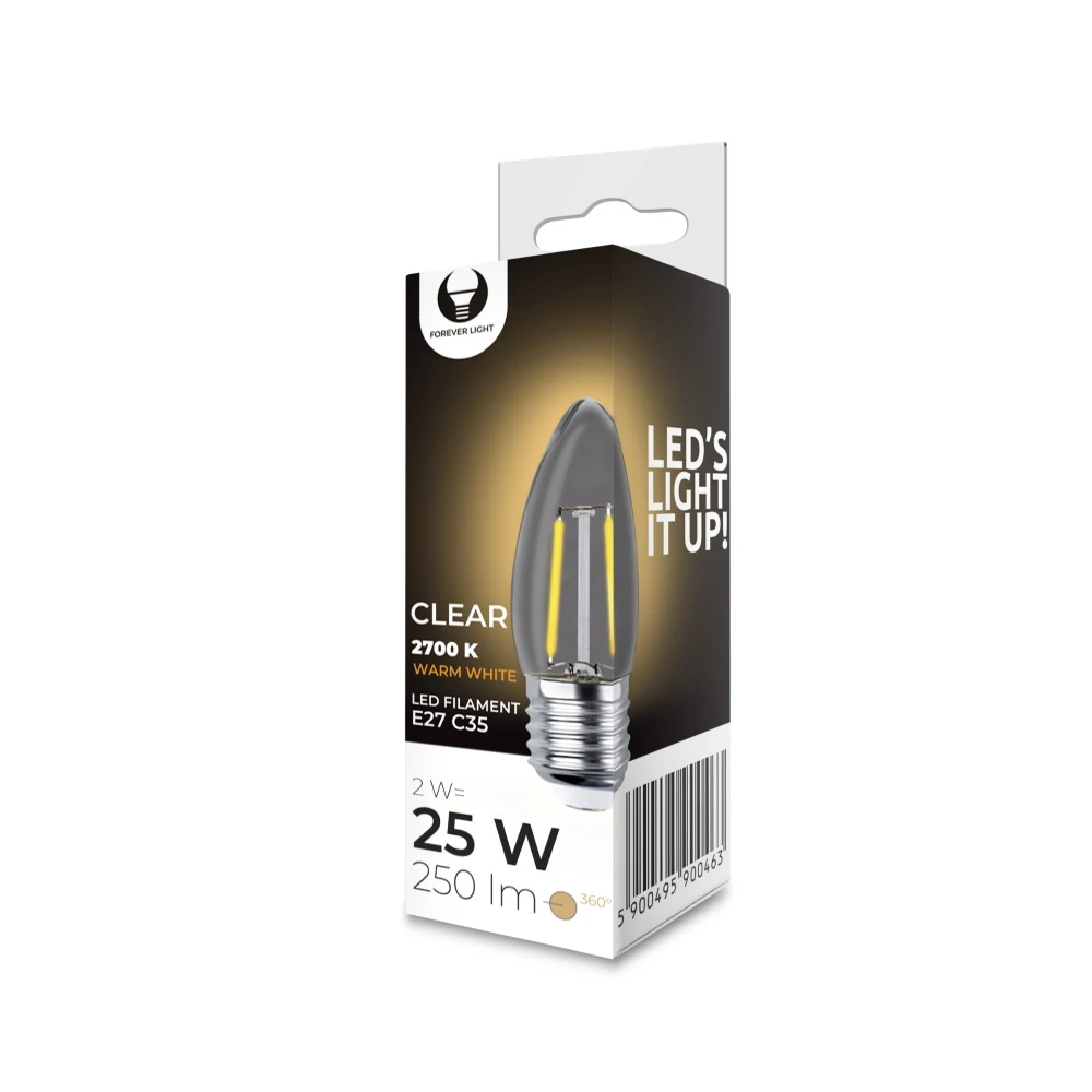 LED lemputė Kaitinimas E27 C35 2W 230V 2700K 250lm COG skaidrus Forever Light