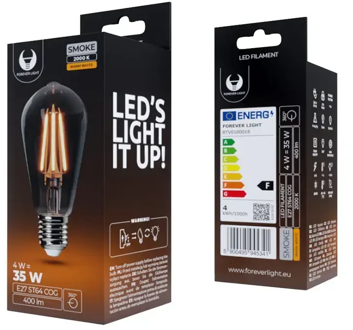 LED lemputė Kaitinamasis siūlas E27 ST64 4W 230V 2000K 400lm COG dūminis Forever Light