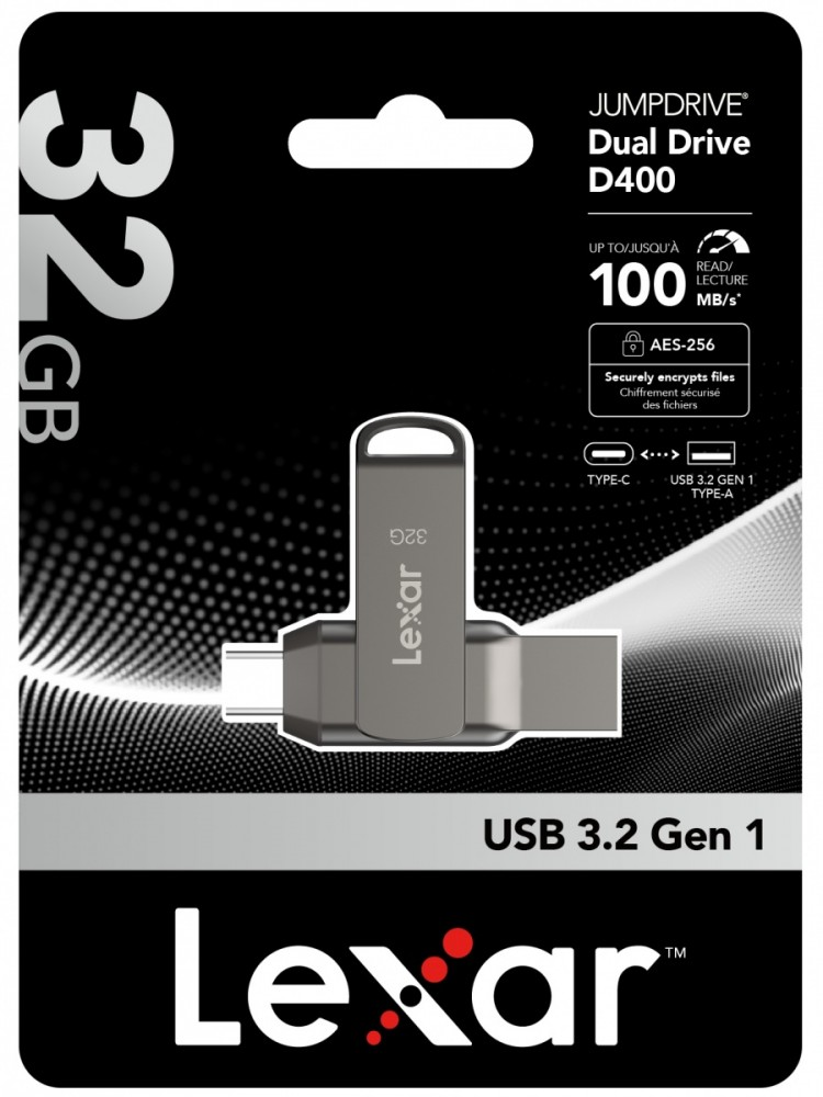 Lexar | 2 viename USB atmintinė, kurios skaitymo greitis siekia 100 MB/s | „JumpDrive Dual Drive D400“ | 32 GB | C ir A tipo USB 3.1 | Pilkas