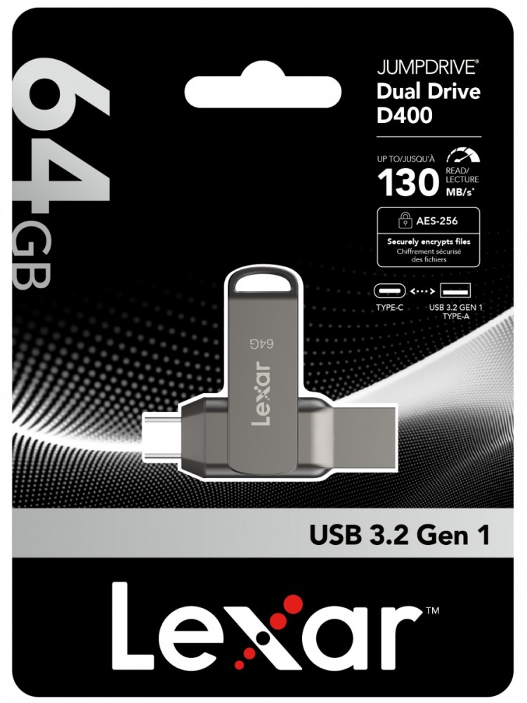 Lexar | 2 viename „flash“ atmintinė, kurios skaitymo greitis siekia 130 MB/s | „JumpDrive Dual Drive D400“ | 64 GB | USB C/A tipo | Pilkas