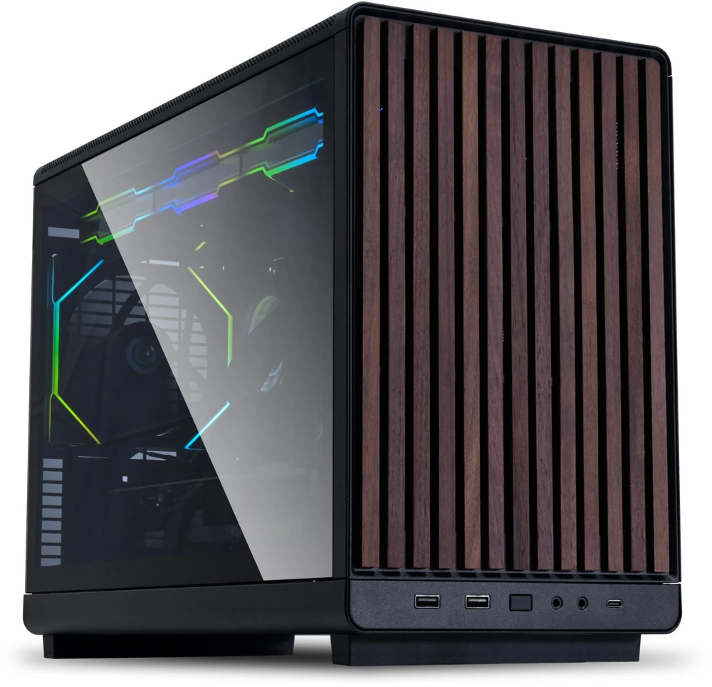 Lian Li DAN kompiuterio korpusass A3-mATX Wood Edition PC-kompiuterio korpusas, Tempered Glass, Micro-ATX – Walnuss, juodos spalvos