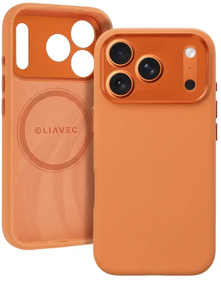 Liavec Silk Shield dėklas su Metal Camera Frame skirtas Apple iPhone 17 Pro Max oranžinės spalvos