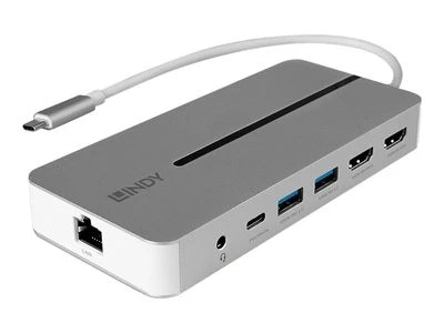 USB-C Dokavimo Stotis - LINDY DST-Mx Duo, USB-C Nešiojamojo Kompiuterio/MacBook Mini Dokų Stotis, PD 3.0 100W, USB 3.2 Gen 1, Gigabit Ethernet, Audio, Baltas