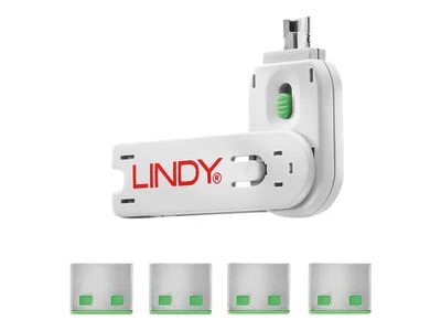 USB Priedas - LINDY USB A Prievado Blokatorius 4 vnt. + Raktas, 55x19x12mm, Žalias