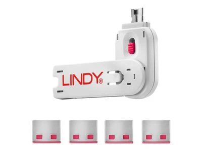 USB Priedas - LINDY USB A Prievado Blokatorius 4 vnt. + Raktas, Rožinis
