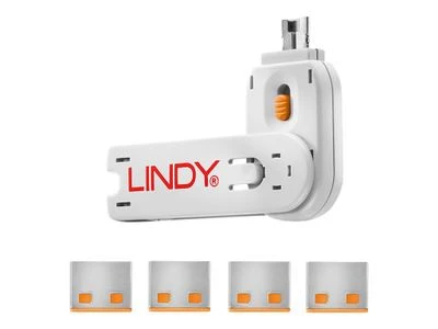 USB Prievado Blokatorius - LINDY USB A Prievado Blokatorius, 4 vnt + USB Type A Prievadai su Raktu, Oranžinis