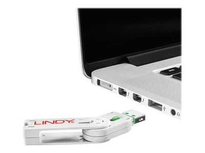 USB Priedas - LINDY USB A Prievado Blokatorius 4 vnt. + Raktas, 55x19x12mm, Žalias