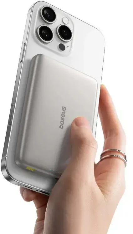 LiPo išorinis akumuliatorius (PowerBank) 10000mAh 27W su bevieliu Qi2, magnetiniu laikikliu Magsafe Titanium Ultra-slim PicoGo AM41 BASEUS