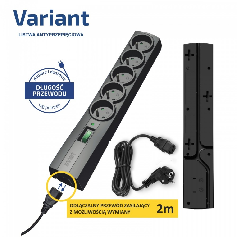 Maitinimo juostelė Ever Variant, 5 lizdai, 2 m juodos spalvos (T / LZ09-VAR020 / 0410)