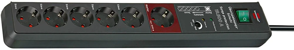 Brennenstuhl Secure-Tec, Ilgintuvas 6xCEE 7/4 lizdai, 1xCEE 7/7 jungtis, su jungtuku, viršįtampių apsauga, 3m kabelis, apsauga nuo augintinių, juodas 1159490966 / GT-438