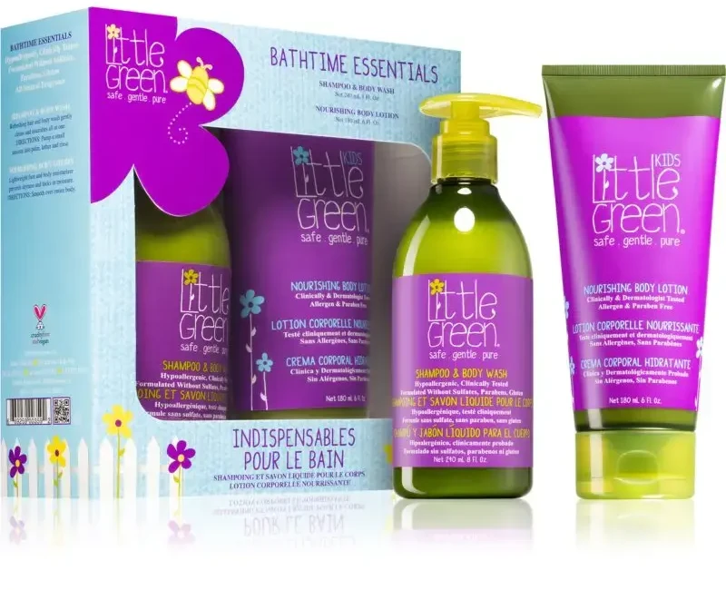 Little Green Little Žalias Little Žalias Bathtime Essentials plaukų ir kūno priežiūros priemonių rinkinys vaikams: plaukų šampūnas-kūno prausiklis, 240 ml ir kūno losjonas, 180 ml