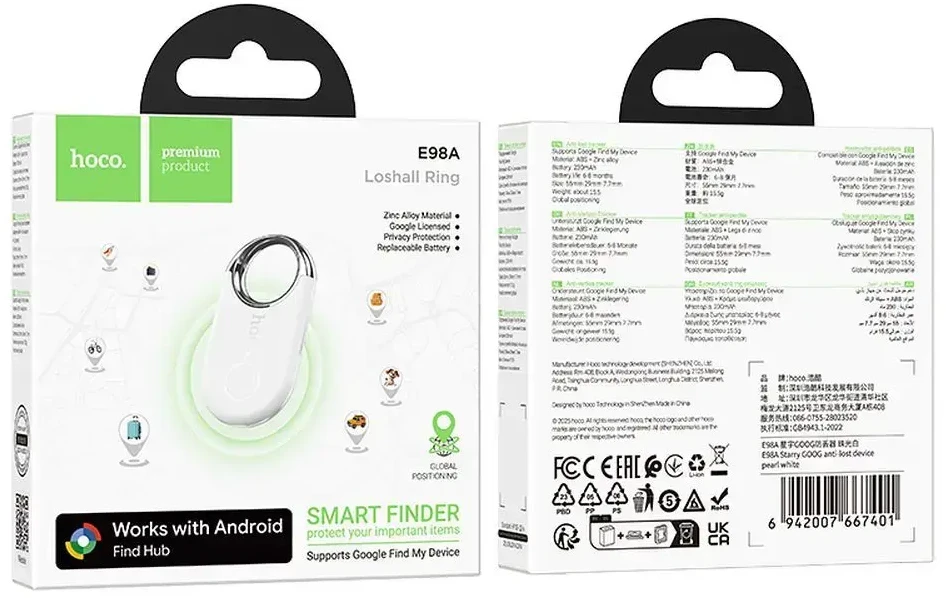 Lokatorius suderinamas su „Google Find My Device“ Hoco E98A Pearl Baltas