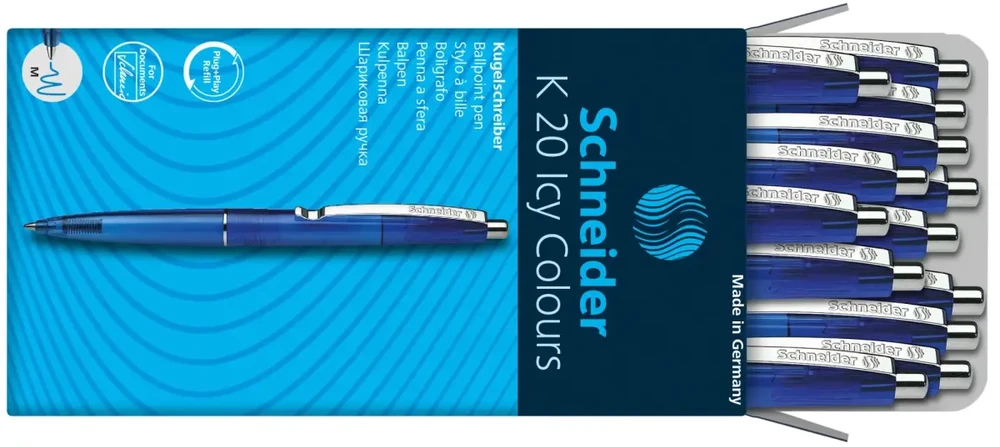 Lodīšu pildspalva SCHNEIDER ICY COLOURS K20, caurspīdīgi-mėlynas korpuss, zila tinte