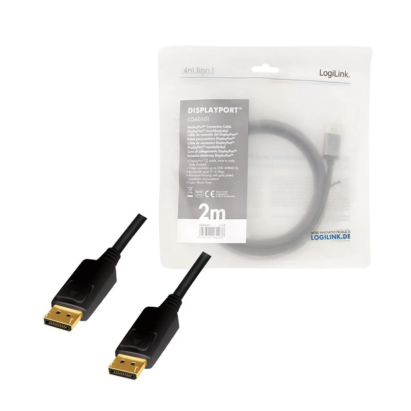 LogiLink DisplayPort 1.2 M/M 2.0m juoda-pilka