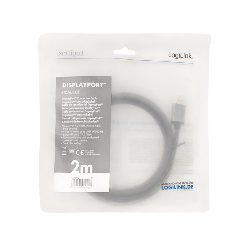 LogiLink DisplayPort 1.2 M/M 2.0m juoda-pilka