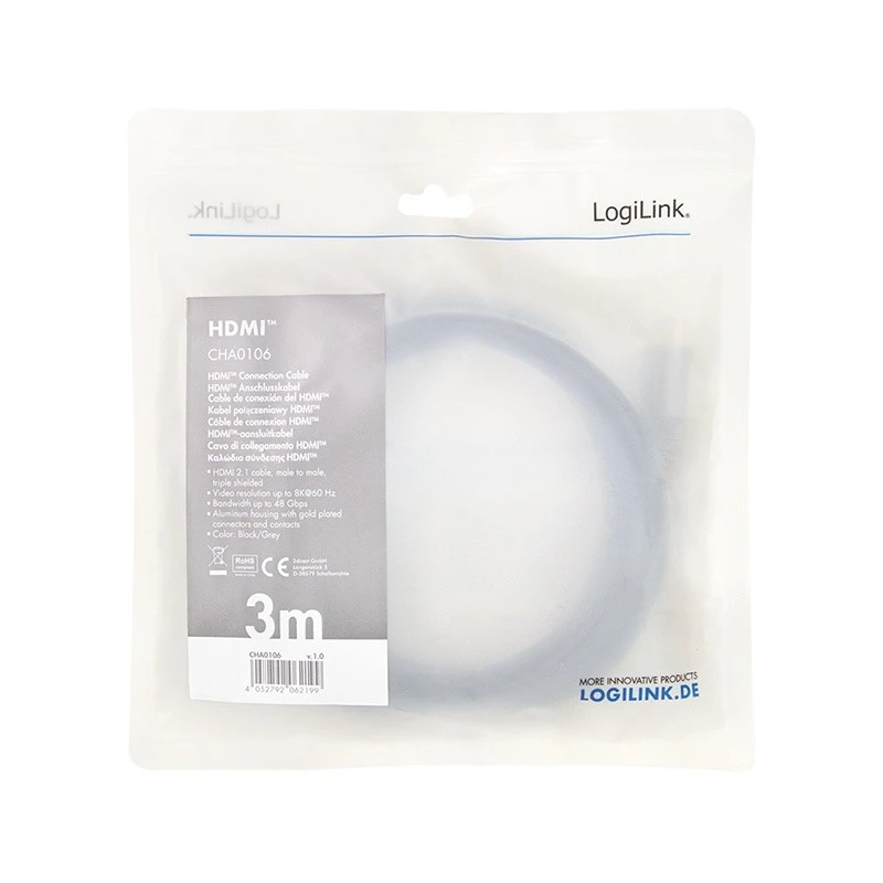 LOGILINK CHA0106 HDMI cable A/M to A/M 8K/60Hz alu juodas/pilkas 3m
