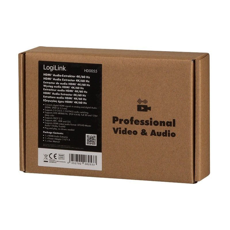 AV adapteris LogiLink LogiLink HDMI- Audio- Extract, 2CH / 5.1CH, SPDIF, 4K / 60Hz, schw.