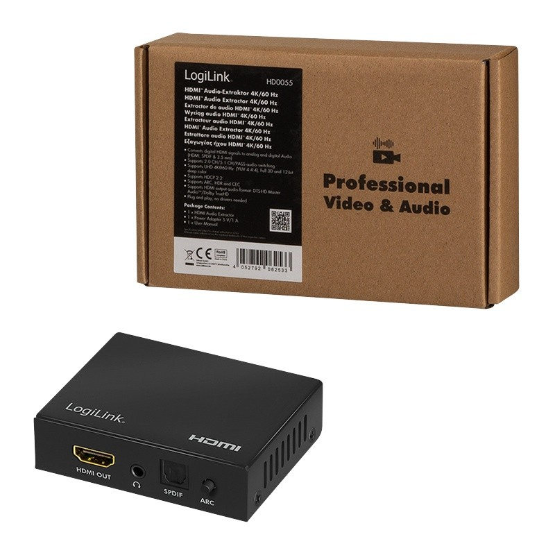 AV adapteris LogiLink LogiLink HDMI- Audio- Extract, 2CH / 5.1CH, SPDIF, 4K / 60Hz, schw.