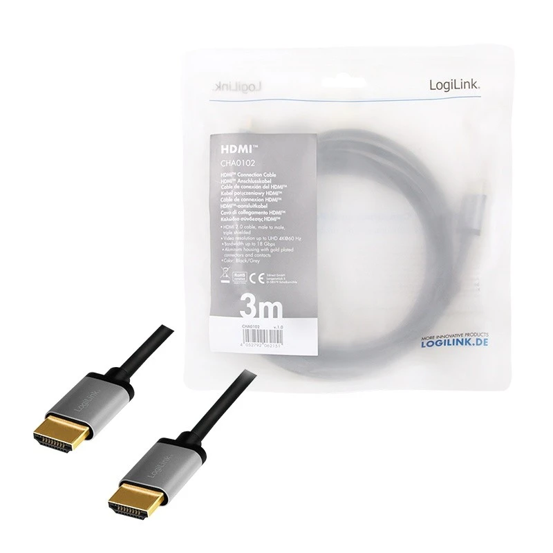 LOGILINK CHA0102 HDMI cable A/M to A/M 4K/60 Hz alu juodas/pilkas 3m
