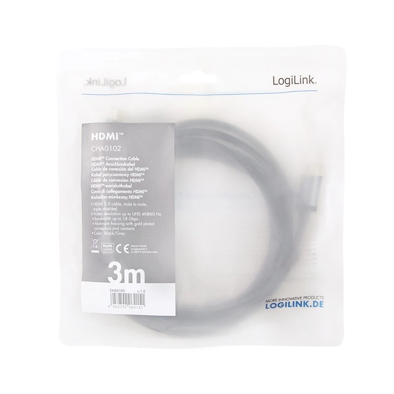 LOGILINK CHA0102 HDMI cable A/M to A/M 4K/60 Hz alu juodas/pilkas 3m