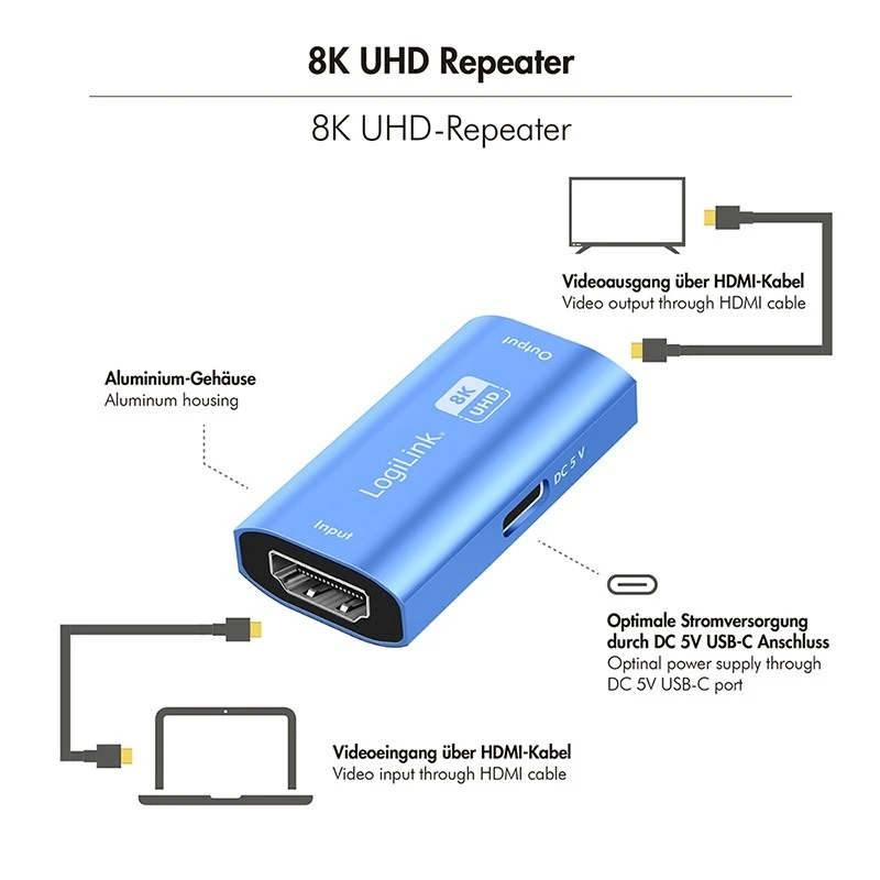 „LogiLink“ kartotuvas HDMI, 8K/60HZ, HDCP2.3, Alu, mėlyna