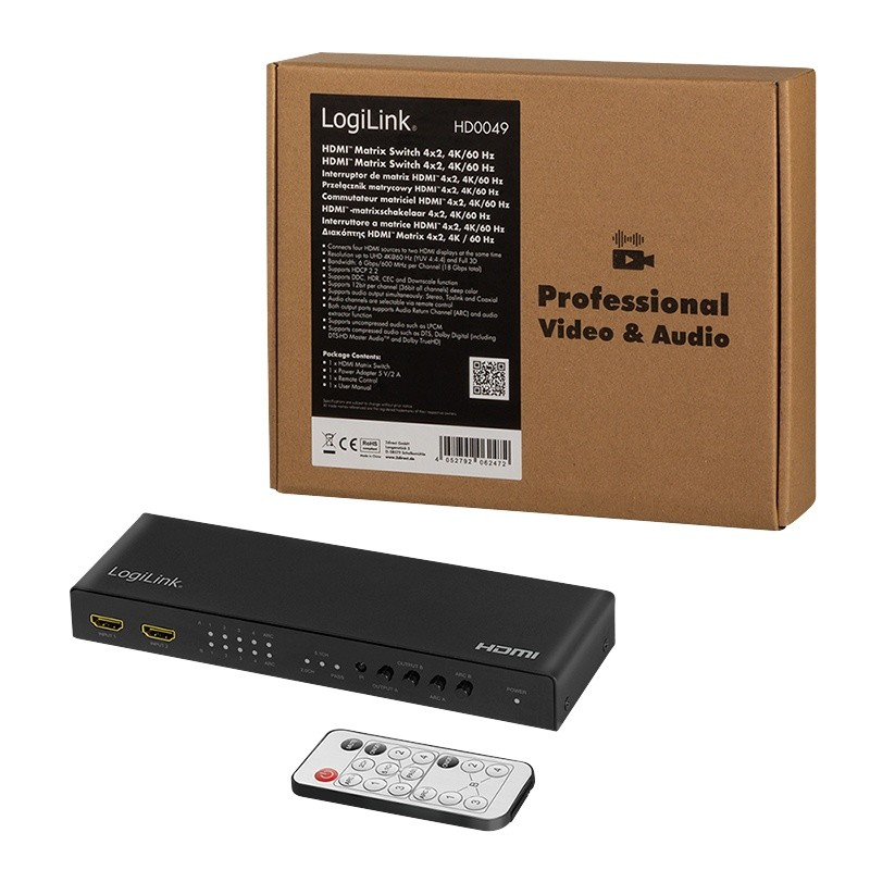 LogiLink Jungiklis 4x2 hdmi, 4k 60hz, su pultu