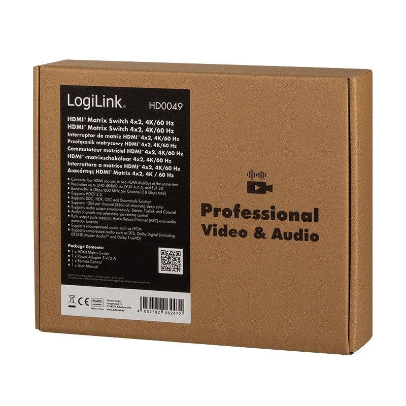 LogiLink Jungiklis 4x2 hdmi, 4k 60hz, su pultu