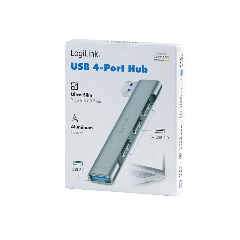 „LogiLink Slim USB-A HUB“ prie 1x USB-A 3.0 ir 3x USB-A 2.0