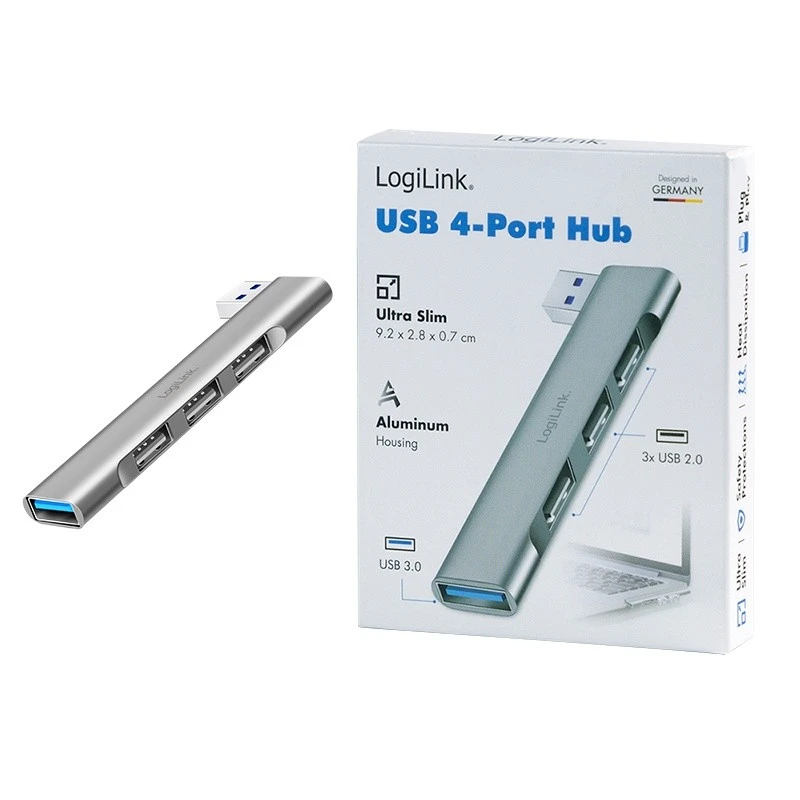 „LogiLink Slim USB-A HUB“ prie 1x USB-A 3.0 ir 3x USB-A 2.0