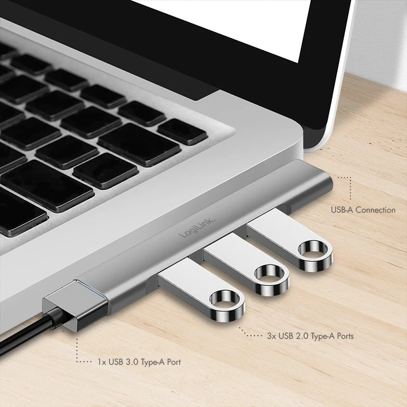 „LogiLink Slim USB-A HUB“ prie 1x USB-A 3.0 ir 3x USB-A 2.0