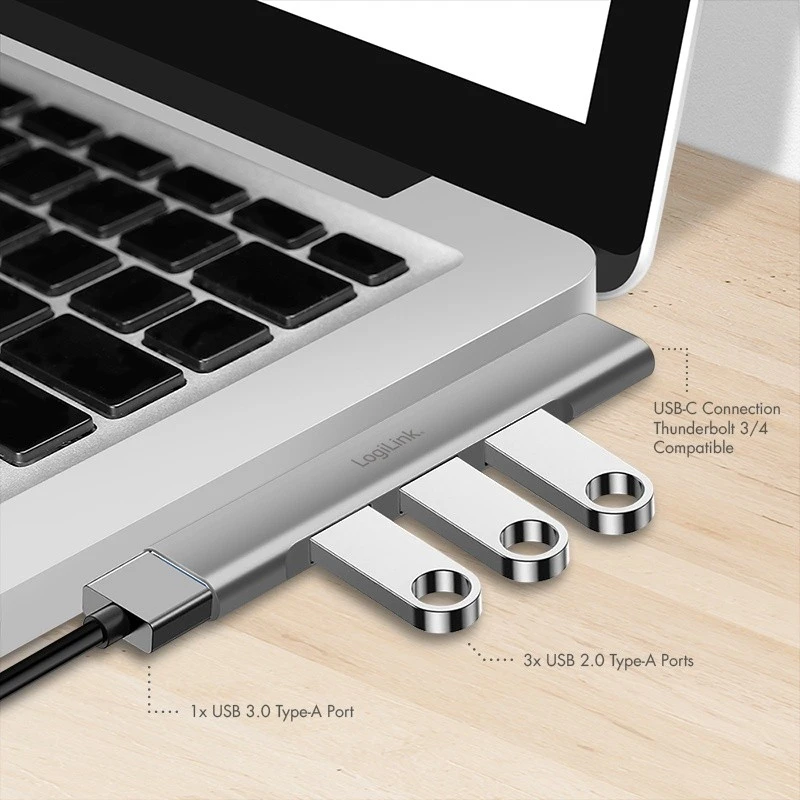 „LogiLink Slim HUB“ USB-C prie 1x USB-A 3.0 3xUSB-A 2.0