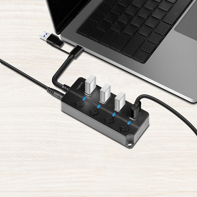 LogiLink HUB 4xUSB-A, Gen1, 4x ON/OFF, juoda